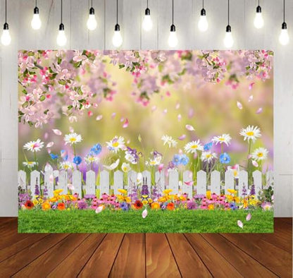 7x5ft Spring Backdrop Pink Flower Garden Photography Backdrop Easter Decor Banner Kids Children Birthday Banner X-211 - size: 7x5ft