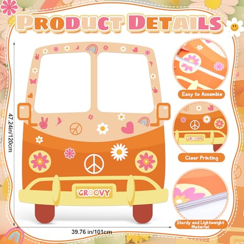 Hippie Bus Cardboard Cutout, Large 39.76 x 47.24 in Groovy Party Decoration, Retro 60s 70s Hippie Selfie Frame Photo Booth Prop, Daisy Van Life-Size Backdrop for Groovy Hippie Boho Party Favor