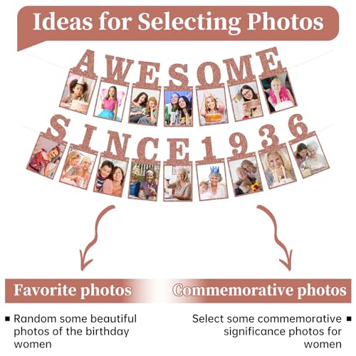 Pre-strung Awesome Since 1936 Photo Banner Birthday Decorations for Women- Pink Rose Gold Glitter 90th Birthday and Anniversary Decorations Party Supplies - style: Pink Rose Gold 90th
