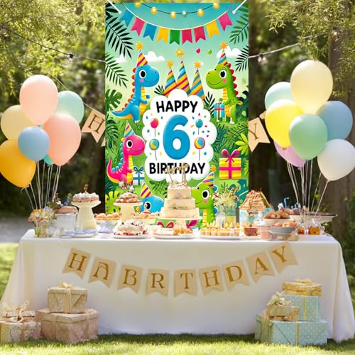 HOMETITUTE 6th Birthday Door Cover 71x35 Inch Dinosaur Theme Birthday Banner for Kids Party Decorations Jungle Backdrop Sign for Boys Girls Wall Porch Party Supplies - color: Forest Dinosaur 6