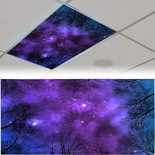 Patelai 4 x 2 Feet Fabric Fluorescent Light Cover for Ceiling Classroom Magnetic Cubicle Shade with 10 Magnets Fluorescent Light Filters for School Home Office Drop Lamp Decor(Forest Stars) - style: Forest Stars