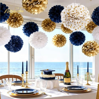NICROLANDEE Wedding Party Decorations - 12 PCS Navy Blue and Gold Tissue Paper Pom Poms for Colleage Graduation, Baby&Bridal Shower, Birthday, Bachelorette Party, Engagement Party, Anniversary Party - style: Navy Blue