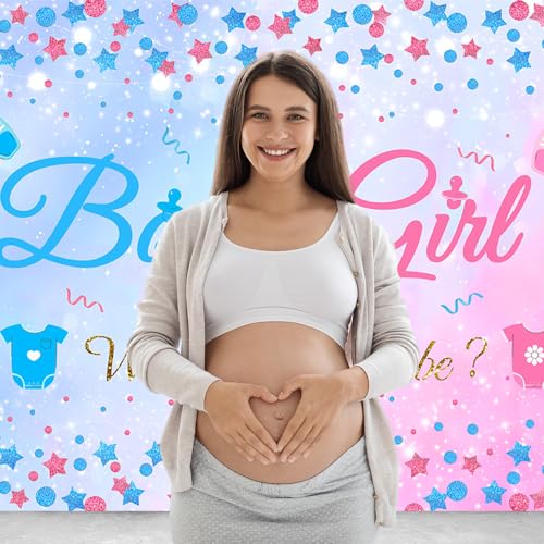 7X5FT Gender Reveal Boy Or Girl Photo Backdrop He Or She What Will Baby Be Blue Pink Footprints Glitter Dots Star Party Decorations Photography Background Polyester - size: 7x5 FT
