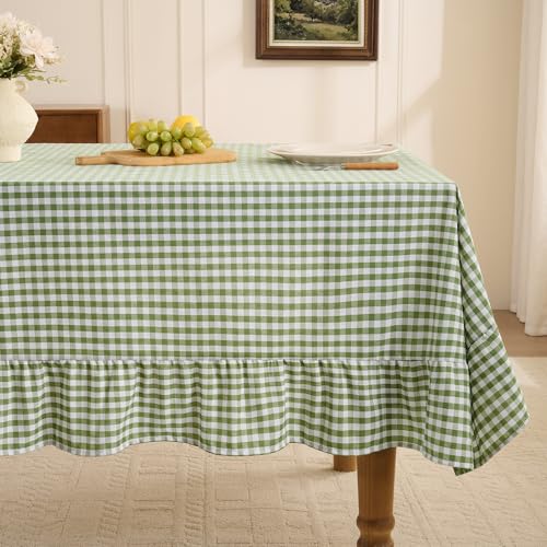 Romanstile Gingham Ruffled Tablecloth Rectangle - Waterproof Linen Cotton Checkered Table Cloth, Outdoor Plaid Table Cover for Picnic, Camping, Party - 60 x 120 Inch, Sage - color: Sage Plaid, size: 60" x 120" (Rectangular)