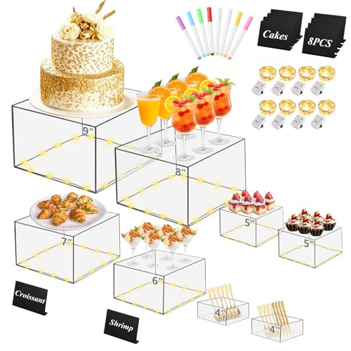 8 Pcs Clear Acrylic Buffet Risers with LED Fairy Lights, Acrylic Food Risers with Mini Sign and Maker, Clear Buffet Risers and Stands for Party Catering Dessert Collectibles(9" 8" 7" 6" 5" 5" 4" 4" ) - size: 9" 8" 7" 6" 5" 5" 4" 4"