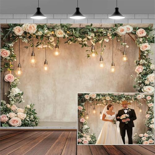 5x4ft Country Wedding Photography Backdrop Floral Rustic Roses Farmhouse Wooden Door Backdrop Pink Flower Birthday Baby Shower Wedding Bridal Party Banner Photo Booth Props Anniversary Background - color: Multi5, size: 5X4FT