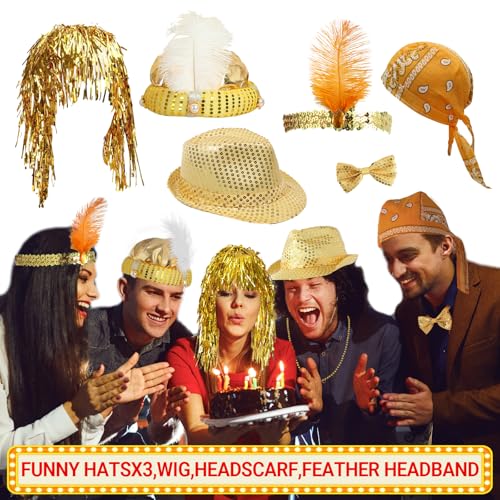 Premium Gold Photo Booth Props Set, Luxury Black & Gold Party Photo Booth Props Kit Accessories, Funny Hats and Glasses, Golden Wig, Inflatable for Graduation, Birthday, Wedding & Bachelorette