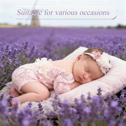 Newborn Photography Outfits, Cute Baby Lace Ribbon Rompers with Headband for Infant Photography Props - color: Light Pink