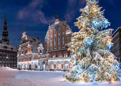 7x5ft Christmas Riga Scenery Backdrop Winter Town Hall Square Snowy Landscape Old Town Christmas Tree Background for Winter Party Decorations New Year Holiday Photo Props Portrait Fabric - size: 7x5FT