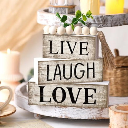 Yuntau 5 Pcs Rustic Farmhouse Tiered Tray Farmhouse Fake Books Decoration Life Laugh Love Wooden Tabletop Decor Love Block Decor Wood Block Sign Gift Centerpiece for Shelf Coffee Mantle Kitchen Table - style: Love