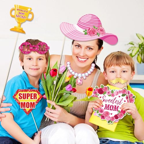 25Pcs Mother's Day Photo Booth Props with Stick, Best Mom Theme Selfie Props, I Love Mom Birthday Party Supplies, Photography Backdrop Decorations