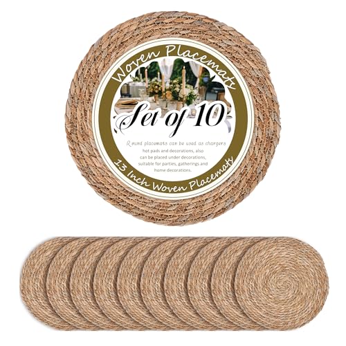GENMOUS Woven Placemats Set of 10, 13" Round Placemats Natural Water Hyacinth Boho Placemats,Farmhouse Rattan Chargers for Dinner Plates,Rustic Braided Wicker Table Mats for Thanksgiving,Home,Wedding - size: 13inch, Set of 10