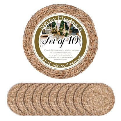GENMOUS Woven Placemats Set of 10, 13" Round Placemats Natural Water Hyacinth Boho Placemats,Farmhouse Rattan Chargers for Dinner Plates,Rustic Braided Wicker Table Mats for Thanksgiving,Home,Wedding - size: 13inch, Set of 10