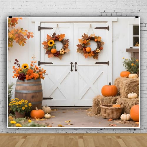 Fall Backdrop 10x8ft White Barn Door with Wreaths Yellow Flowers Leaves Pumpkins Thanksgiving Fall Backdrops for Photography Background Rustic Friendsgiving Party Decorations Photo Booth Props - color: White, size: 10x8ft