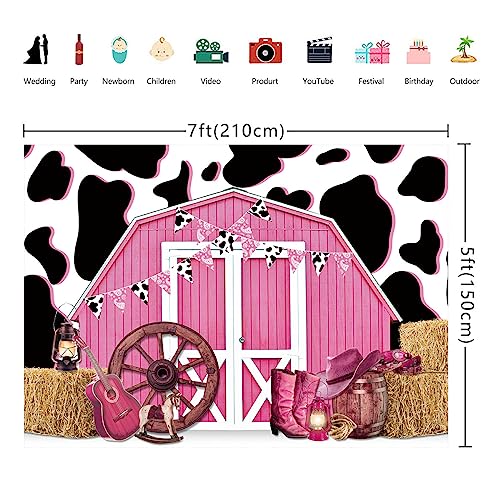 7x5ft Cowgirl Backdrop Cow Print Backdrops Pink Barn Background Straw Barn Door Wood Background Western Country Farm Women Birthday Party Photo Booth Prop - size: 210x150cm(WxL)
