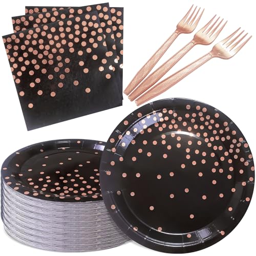 Serve 35 Guests Black and Rose Gold Party Supplies,7 Inch Black and Rose Gold Paper Plates and Napkins for Wedding Birthday,Retirement,Father's Day - color: Black Rose Gold Dot Paper Plate