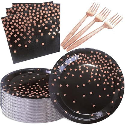 Serve 35 Guests Black and Rose Gold Party Supplies,7 Inch Black and Rose Gold Paper Plates and Napkins for Wedding Birthday,Retirement,Father's Day - color: Black Rose Gold Dot Paper Plate