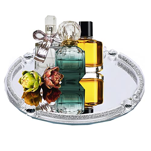 Crystal Dresser Tray, Mirror Glass Makeup Vanity Organizer Filled Crushed Diamond, 10" x 10" Round Jewelry Trinket Perfume Tray for Bathroom Bedroom, Home Decor, Hotel Banquet, Party (Silver) - color: Silver B