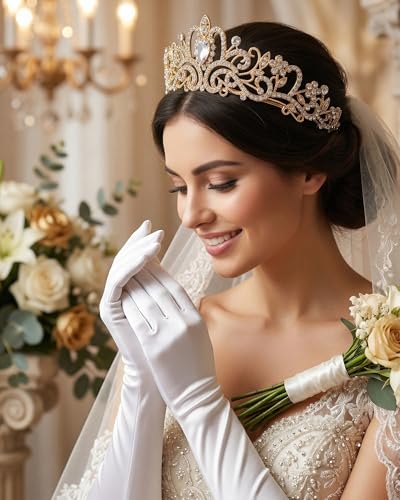 Princess Tiara Crown with Satin Gloves Set Crystal Headpiece for Graduation Prom and Party Photo Props - color: Gold, style: A