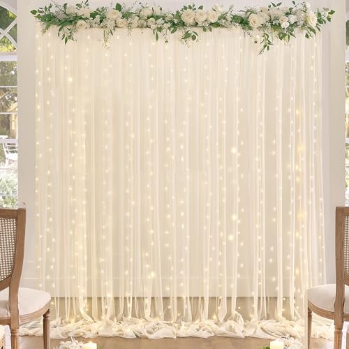 Champagne Backdrop Curtains with Lights String for Wedding Parties 10×10ft Sheer Tulle Backdrop Curtain for Bridal Shower Baby Shower Birthday Party Photo Shoot Decorations 2 Panels 5×10ft - color: Champagne, size: 10 ft X 10 ft(2 Panels 5ft X 10ft)