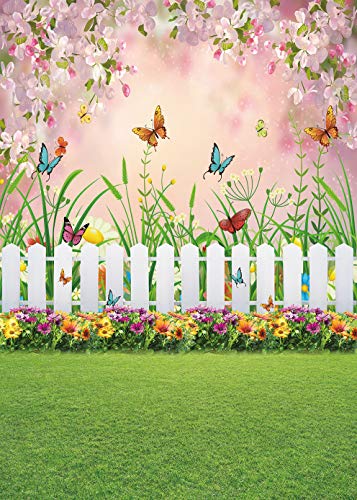 INRUI Spring Easter Garden Photography Backdrop Green Grass Lawn Floral Butterfly Fence Baby Shower Birthday Party Decorations Banner (8x10FT) - size: 8x10FT