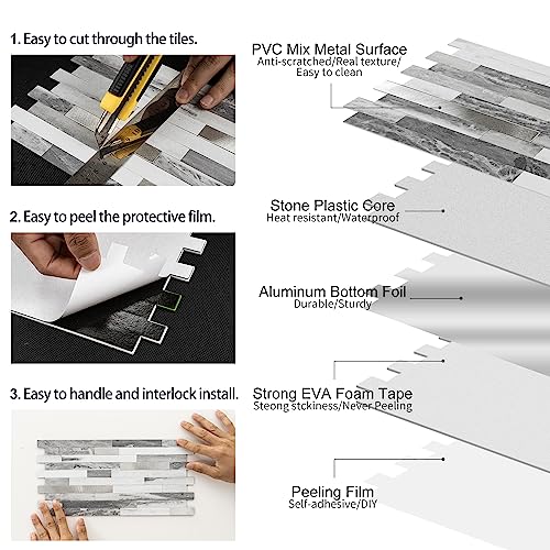 Peel and Stick Backsplash, 20-Sheet Peel and Stick Tiles 12.1" x 5.9" Stick on Backsplash PVC Wall Tile for Kitchen Fireplace - color: Carrara Gray Marble