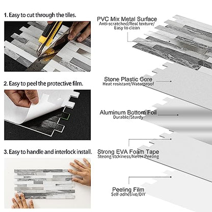Peel and Stick Backsplash, 20-Sheet Peel and Stick Tiles 12.1" x 5.9" Stick on Backsplash PVC Wall Tile for Kitchen Fireplace - color: Carrara Gray Marble