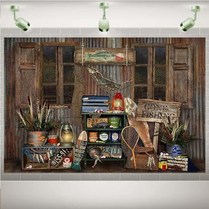 Rustic Wood Gone Fishing Photography Backdrop Gone Fishing Boy Girl Birthday Party Decoration Background Brown Wood Board Child Portrait Backdrop Baby Shower Dessert Cake Table Banner (5X3FT) - size: 5X3FT