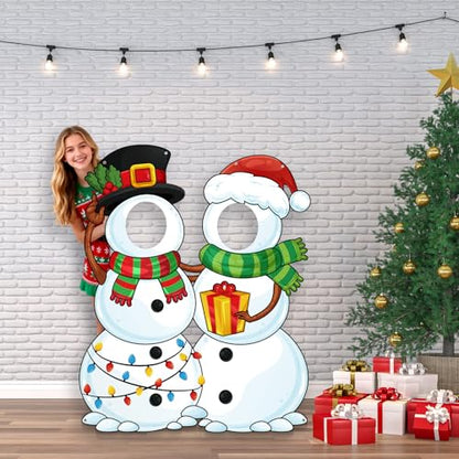 WovWeave Snowman Christmas Photo Booth Fabric Banner with Two Face Cutouts, 55" x 44" Holiday Party Decorations, Winter Backdrop, Festive Snowman Props for Christmas Party Supplies - style: Snowman