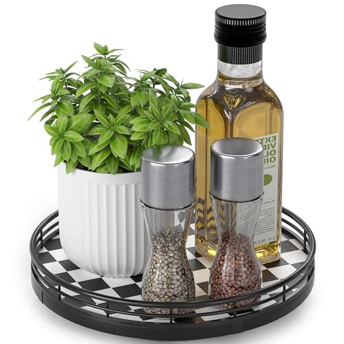 Black and White Kitchen Lazy Susan Turntable – Checkered Round Decorative Tray, 9" Table Top Oak Wood Lazy Susan for Cookies, Dining Table Organizer, Small Kitchen Table Centerpiece - color: Black & White, size: 9 inches