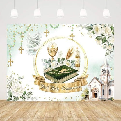 AIBIIN 10x7ft First Holy Communion Backdrop Greenery Mi Primera Comunion Photography Background Baptism Christening God Bless Mi Bautizo Party Decorations Banner Photo Props - size: 10x7ft