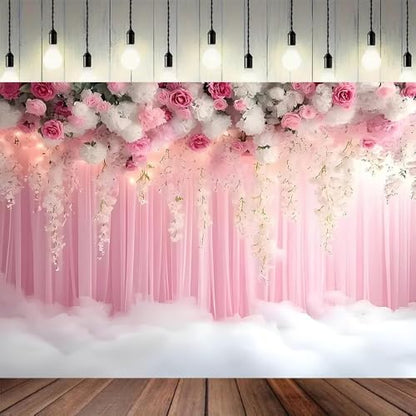 Romantic Pink and White Roses Wisteria Bridal Shower Photo Studio Backdrop Pink Wall Girls Woman Birthday Party Tea Party Baby Shower Anniversary Photography Background(D, 7 * 5feet) - color: D, size: 7*5feet