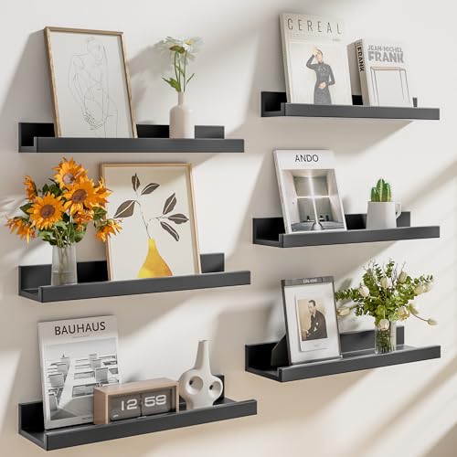 Heimlove Floating Shelves Set of 6, 16" Wall Mounted Picture Ledge, Display Shelf Organizer for Decor Storage, Wall Mounted Shelves for Living Room, Bedroom, Bathroom, Kitchen (Black) - color: Black, size: 16 inches set of 6