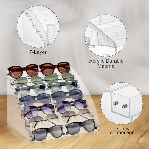 2 Pack 7 Tier Sunglass Organizer Stand, Versatile Acrylic Sunglass Holder Display Stand Sunglass Storage Tray for Highlighting Glasses Makeup Nail Polish Graded Cards - color: Clear-7 Tier-1