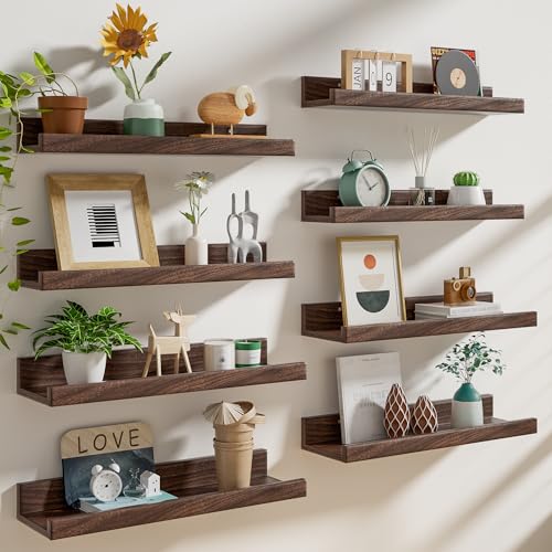Heimlove 24 inch Picture Ledge Shelf Set of 8,Long Floating Shelves for Wall,Walnut Picture Shelf with Lip for Wall Decor,Living Room Bedroom Bookshelf Photo Frames Nursery Book Shelves for Storage - color: Walnut, size: 24 inches set of 8