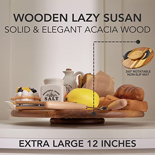 Acacia Wood Lazy Susan Wood Turntable Tray Cabinet Organizer, 12" - size: 12"-wood