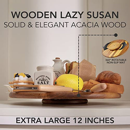 Acacia Wood Lazy Susan Wood Turntable Tray Cabinet Organizer, 12" - size: 12"-wood