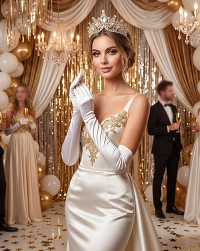 Princess Tiara Crown with Satin Gloves Set Crystal Headpiece for Graduation Prom and Party Photo Props - color: Gold, style: B