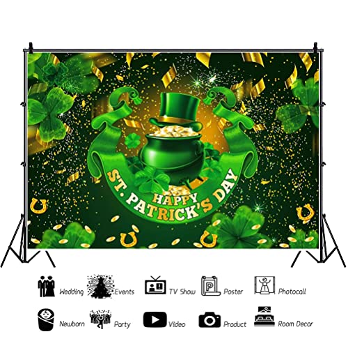 7x5ft Polyester Happy St.Patrick's Day Photography Backdrop Glitter Green Lucky Irish Shamrock Pot of Gold Ribbon Background for Newborn Kid Baby Shower Cake Smash Studio Photoshoot Props - color: Green 12872