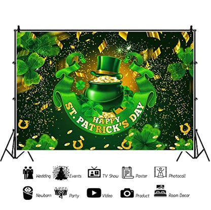 7x5ft Polyester Happy St.Patrick's Day Photography Backdrop Glitter Green Lucky Irish Shamrock Pot of Gold Ribbon Background for Newborn Kid Baby Shower Cake Smash Studio Photoshoot Props - color: Green 12872