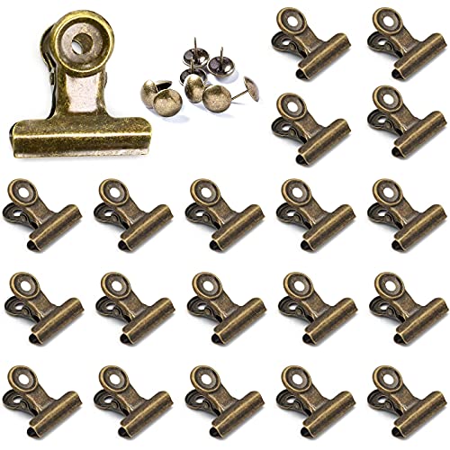 YUCHIYA 20 Pack Metal Clips with 20 Push-pins for Corkboard,Bulldog Clips for Hanging Pictures,Small Hinge Clips for Crafts,Mini Binder Clips Paper File Clamps for Office School(Bronze,1.2inch) - color: Bronze, size: 1.2 inch