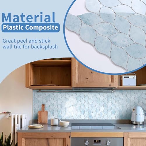 Tilingview 10-Sheet Peel and Stick Backsplash Tile for Kitchen, Self-Adhesive Mosaic Glossy Leaf Stick on Wall Tile with Gaps (Pastel Blue) - color: Leaf Gaps Pastel Blue