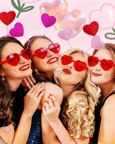 24 Piece Valentine's Day Heart Headbands and Sunglasses Set for Women and Men, Party Photo Props for Wedding, Birthday (Pink, Rose red, Red) - color: Pink, Rose Red, Red