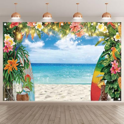 12x8ft Fabric Summer Hawaiian Beach Photography Backdrop Tropical Flower Palm Leaves Surfboard Background Aloha Luau Decorations Photo Banner - size: 12'x8'