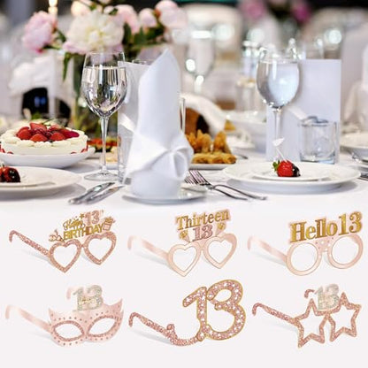 Guiruiy 24PCS 13th Birthday Paper Eyeglasses Decorations for Girls, Pink Rose Gold Happy 13th Birthday Eyeglasses Party Supplies, Funny 13 Year Old Birthday Thirteen Teenager Glasses Decor - style: Rose Gold 13th