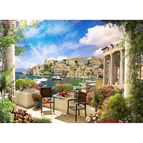 Italy Backdrop Tuscany Garden Terrace View of Mediterranean Bay Costal City Scenery Photography Backdrop Spring Summer Flowers Roman Columns Italian Backdrop for Travel Vacation Photo Props 5x4ft - color: Grey_Blue, size: 5x4ft
