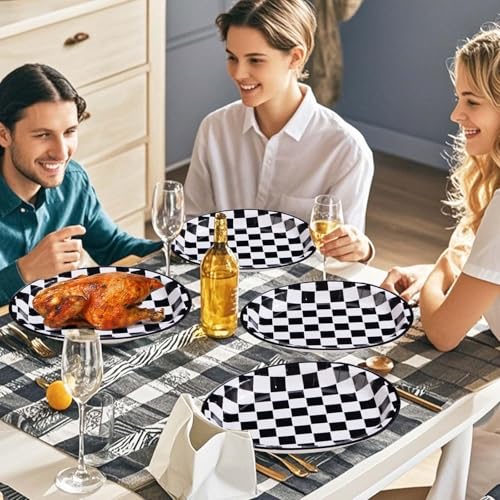 50Pcs Black and White Checkered Oval Paper Plates Race Car Party Plates 10" X 12" Disposable 400GSM Gingham Dessert Dinnerware for Racing Car Party Supplies Birthday Baby Shower BBQ Decorations - style: Black White Gingham Oval Kit