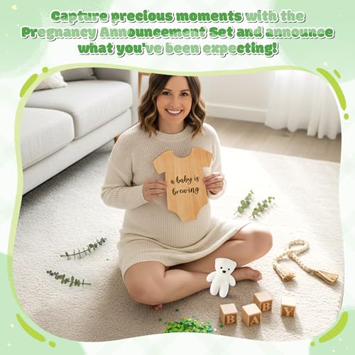 12Pcs Pregnancy Announcement Set Pregnancy Reveal Ideas Include Wooden Sign Beads Garland Wood Blocks Eucalyptus Leaves and Bear Coming Soon Baby Announcement Props for Grandparents Dad Husband Family - color: Green