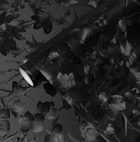 Erfoni 394"x15.7" Black Floral Embossed Wallpaper for Bedroom Decorative DIY Peel and Stick Wallpaper Flower Textured Removable Contact Paper Vintage Pure Black Self Adhesive Wall Paper Vinyl Roll - color: Black, size: 15.7" x 394"