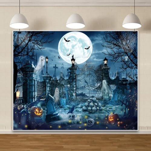 Halloween Backdrop for Photography 10x8ft Scary Cemetery Ghost Skull Full Moon Night Halloween Photo Backdrop Spooky Pumpkin Bat Photography Background Party Decor Kid Adult Portrait Photo Booth Prop